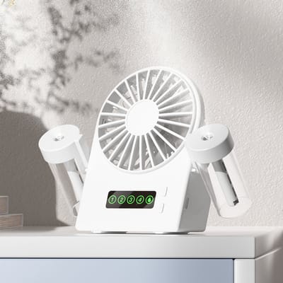 Tafelventilator met waternevel, 4 snelheidsstanden, oplaadbaar via USB, werkt op batterijen (wit)