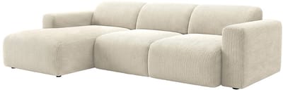 Vente-unique Grote hoekbank links met elektrisch uitschuifbare zitting in fijne ribfluweel beige - POGNI van Maison Céphy