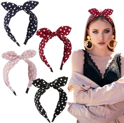 Mmgoqqt 4-pack brede hoofdbanden voor dames met stippen en strik - Rock hoofdbanden en vintage haaraccessoires - voor meisjes en vrouwen-zwart - roze - rood - blauw