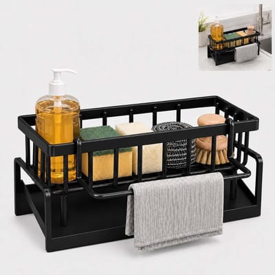 Gootsteenorganizer voor keuken en badkamer, koolstofstalen sponshouder met afneembare vaatdoekhanger, ideaal voor sponzen, vaatdoeken en gootsteenaccessoires, zwart en stijlvol