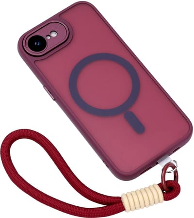Casemania Hoesje + Koord Geschikt voor Apple iPhone 16e - Bordeaux - Matte Armor Back Cover Geschikt voor MagSafe - Telefoonhoesje met Pols Bandje - Rood
