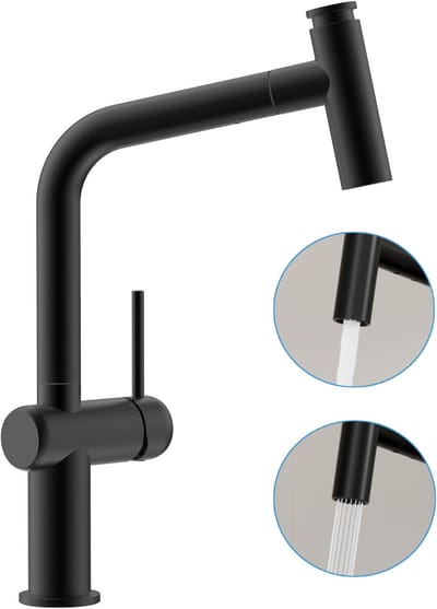 CECIPA max Keuken kraan - Keukenkraan met uittrekbare uitloop - Handdouche met 2 straalsoorten - T-Uitloop Keukenkraan - Flexibele Slang - Zwart