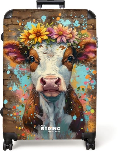 NoBoringSuitcases.com® - Koffer groot - Reiskoffer lichtgewicht - Graffiti koe met kleurrijke bloemen - Rolkoffer met 4 wielen - Grote trolley XL - 98 liter bagage
