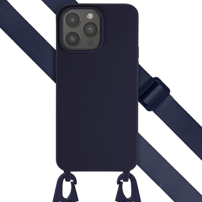 Selencia Hoesje - Geschikt voor Apple iPhone 15 Pro Max - Siliconen hoesje met afneembaar koord - Donkerblauw