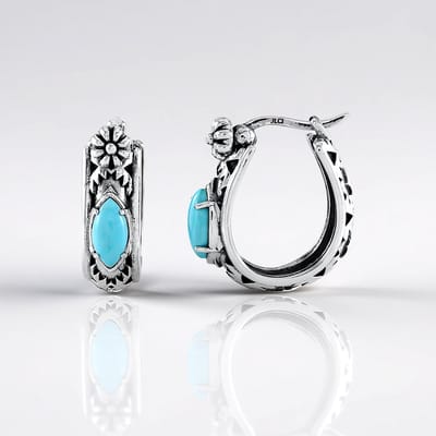 Cavill - Zilveren Oorbellen 925 Sterling Zilver Geoxideerd - Turquoise 0,945 ct - Handgemaakt Bloemmotief - Elegante Marquise Oorhangers