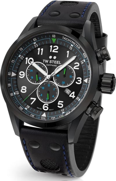 TW Steel SVS306 Horloge, FIA Special edition Petter Solberg, 48mm Volante Swiss Movement, Chrono, zwart met blauw sticksel Kalfs lederen band, sapphire glas.