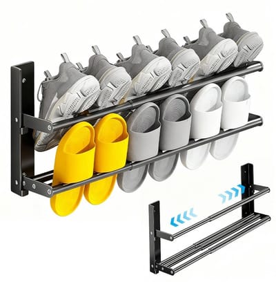 Dailygoods- Schoenenhouder voor wandmontage - Ruimtebesparend schoenenrek - 2 niveaus - Roestvrij staal - Zwart - Compact 37-67 cm