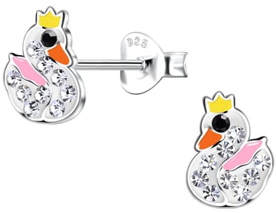 Joy|S - Zilveren zwaan oorbellen - wit roze met kristal en een geel kroontje - 6 x 8 mm - kinderoorbellen