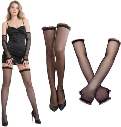Zwarte Vingerloze Handschoenen en Lange Netstof Kousen voor Carnavalsfeest en Feestelijke Gelegenheden voor Dames