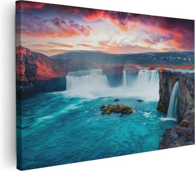 Artaza Canvas Schilderij Landschap - 30x20 cm - Klein - Wanddecoratie Bergen - Muurdecoratie Zonsondergang - Kamer Accessoires Waterval