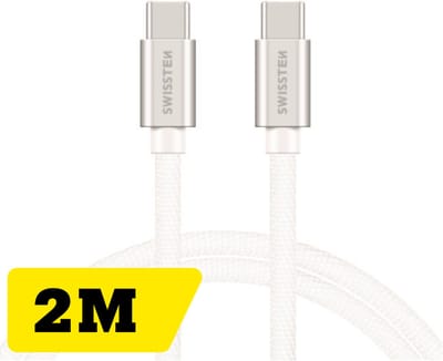 Swissten Lange USB‑C naar USB‑C Oplaadkabel 2 meter – Power Delivery Snellader – voor Samsung, iPad, MacBook & iPhone 15,16,17 – Gevlochten Nylon – Zilver