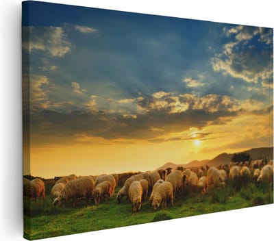Artaza Canvas Schilderij Kudde Schapen - 30x20 cm - Klein - Wanddecoratie Dieren - Muurdecoratie Weiland - Schilderijen Op Canvas