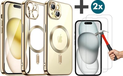 Hoesje met 2 Stuks Screenprotectors Geschikt voor iphone 15 Plus Hoesje - Geschikt voor MagSafe - Arara siliconen Backcover - Goud