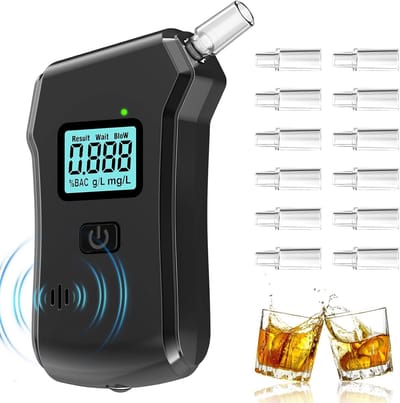 Alcoholmeter-alcoholtester-blaastest-Digitale alcoholtester - met lcd-display - voorzien van 12 opzetstukken - geschikt voor gebruik in de auto, thuis en voor persoonlijke veiligheid - zwart - 10,8 x 4,8 cm