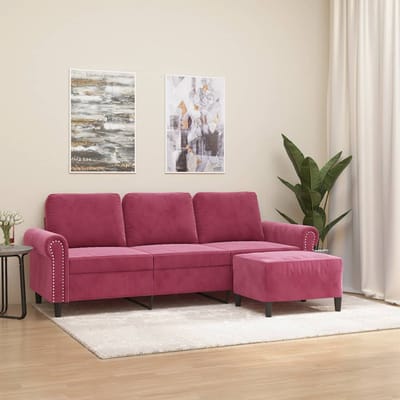 vidaXL - Driezitsbank - met - voetenbank - 180 - cm - fluweel - wijnrood