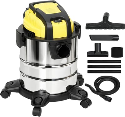 Roossentials stofzuiger nat en droog - 3 in 1 stofzuiger - Alleszuiger - 1200 W - Met blaasfunctie en 2 m slang - RVS - 20 L - Geel/Zwart
