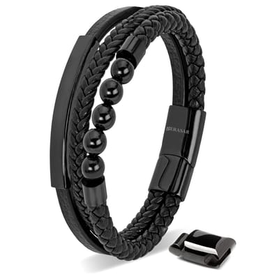 SERASAR Lederen Herenpolsbandje [Pearl] - Zwart 17cm - Geweldig-Idee