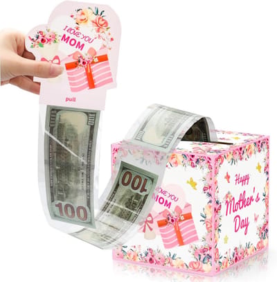 Moederdag Spaarpot voor contant geld, cadeau, geldhouder voor contant geld, met uittrekkaart en 50 zakken, verrassingsgeldgeschenkdoos voor moeder, grootmoeder, roze