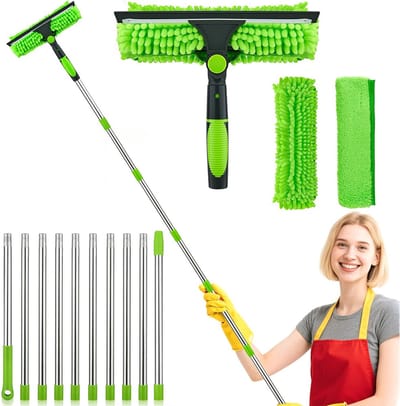 2-in-1 Raamwisser - Glaswisser - met Telescoopsteel en Draaiknop - 27 cm Wisbreedte - Machinewasbare Microvezeldoek - Groen