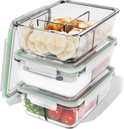 Glazen Meal Prep Dozen met Deksel - 3 Vakken, Vaatwasser, Magnetron en Oven Bestendig - 3 x 1000 ml - Ideaal voor Gezonde Voeding en Voedingsplannen