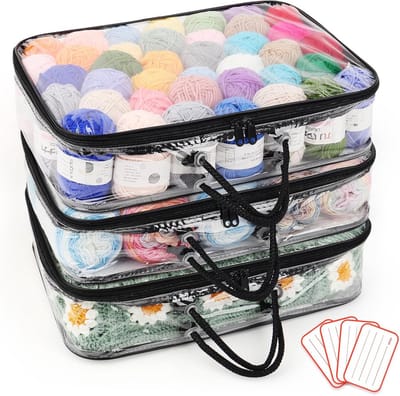 Dailygoods- Garenopbergorganizer set van 3 - Transparante Opbergtas - Stofdicht - Handvat - Labels - 40 x 30 x 10 cm - Opbergzak