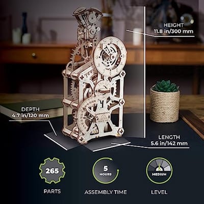 Houten 3D Motor Klok - Mechanisch Bouwpakket voor Volwassenen - Functioneel DIY Houten Klok Model