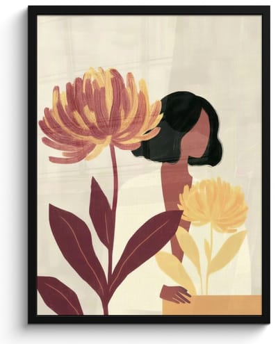 Poster in lijst - Fotolijst 50x70 cm - Posters - Vrouw - Minimalistisch - Bloem - Posterlijst zwart - Decoratie - Wanddecoratie woonkamer - Muurdecoratie slaapkamer