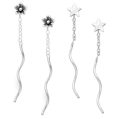 EAR IT UP - Doortrekoorbellen - Bloem - Ster - Set - Threader - 925 sterling zilver - 29 x 4 mm - 1 set