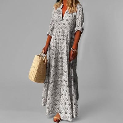 Lente Nieuwe Dameskleding Retro V-hals Temperament Elegant Losse Jurk Lang M gray