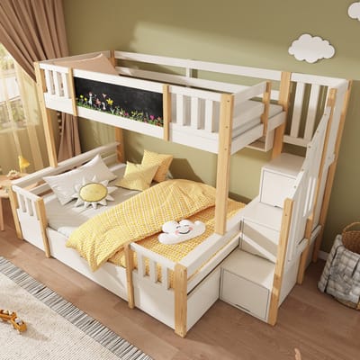 Driepersoonsbed 90x200cm en 140x200cm - stapelbed met schoolbord - opbergladder - lades en ladderkast - wit en hout - zonder matras