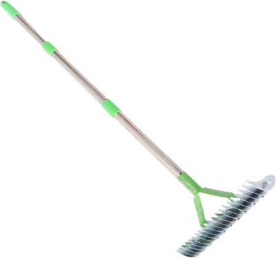 Rieten Gazonhark - Verticuteerhark Gras hark - Gazon Onderhoud - Gebogen Stalen Tanden - 125 cm Lengte - Zilver