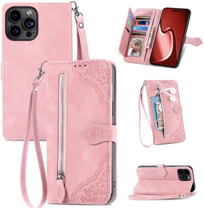 Hoesje geschikt voor iPhone 16e - Bookcase - Koord - Pasjeshouder - Portemonnee - Bloemenpatroon - Kunstleer - Roze