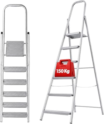 Stalen ladder - Vouwladder met plateau - Klus klaren - Antislip voeten - 6 treden - Zilver