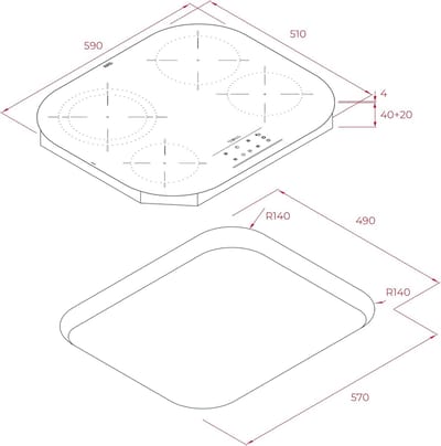 Kookplaat 4 zones 59 cm glaskeramiek
