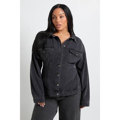 boohoo Dames Plus Getailleerde Denim Jas | Washed Black | Maat: 28
