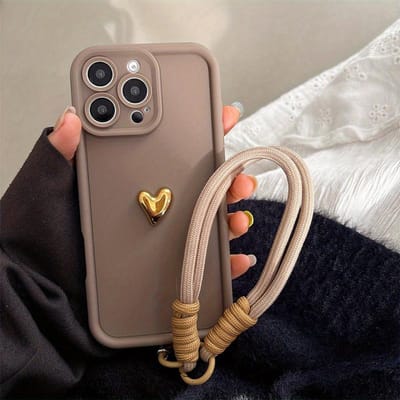 Schattige Koreaanse 3D Gouden Liefdeshart Zachte Hoes Voor iPhone 16 Pro Max 15 14 13 12 11 17 16 E Plus Luxe Polsband Hangriemp Cover iPhone 11 Pro Max