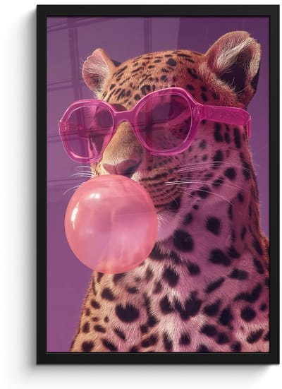 Poster in lijst - Fotolijst 40x60 cm - Posters - Panter - Zonnebril - Kauwgombel - Roze - Posterlijst zwart - Decoratie - Wanddecoratie woonkamer - Muurdecoratie slaapkamer