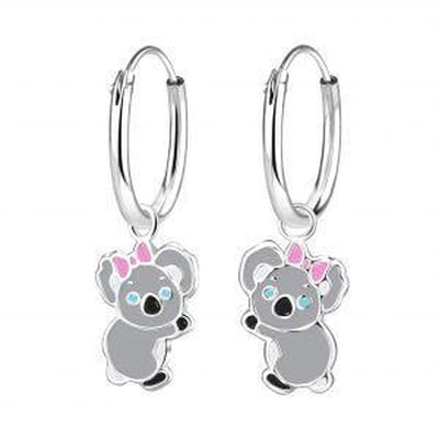 Zilveren kinder oorringen - Koala met roze strik - Hypoallergeen