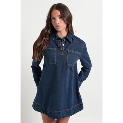 boohoo Dames Petite denimjurk met lange mouwen | Indigo | Maat: 4