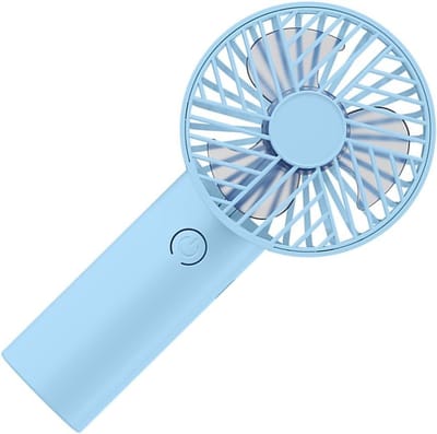Een compacte ventilator met een geïntegreerde, verstelbare telefoonhouder en drie snelheidsstanden, perfect voor persoonlijke verkoeling tijdens het werken, studeren of reizen (blauw).