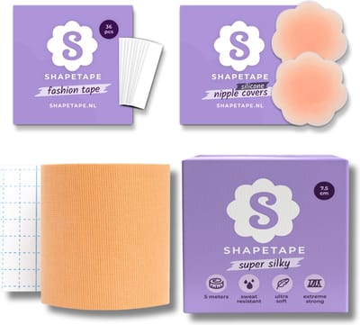 Shapetape Boob Tape met Silicone Nipple covers en Fashion tape - Boob Tape (7.5 cm breed) - 5 meter lang - Huidskleur - Boobtape - BH Tape - Plak BH - Tepelstickers - Tepelcovers - Borst tape - tepelplakkers - bh accessoires