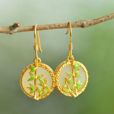 Oude gouden ambachten bamboeblad Email oorbellen voor vrouwen Natuurlijke Hotan Jade Ronde oorbellen Frisse etnische stijl Sieraden beige