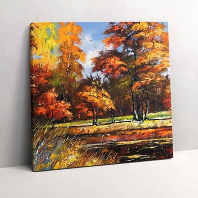 Wallfluent Foto Op Canvas Geschilderde herfst en de rivier - 60 x 60 cm - Oranje Schilderij Canvas - Landschappen Canvas Foto - Natuur Print Op Doek - Kunst Schilderijen Op Canvas Doek