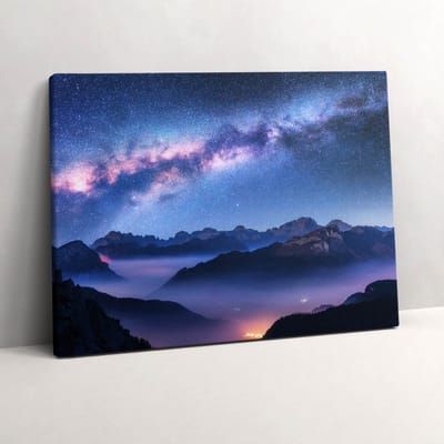 Wallfluent Foto Op Canvas Sterrenhemel boven de bergen - 80 x 60 cm - Blauw Schilderijen Op Canvas Doek - Landschappen Canvas Doek Foto - Natuur Print Van Doek - Kunst Canvas Schilderij