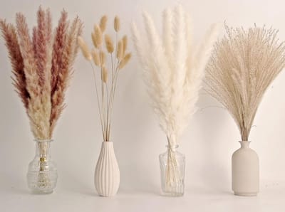 Famanu – Gedroogd pampasgras decoratie set met 100 stuks, inclusief konijnenstaarten en rietgras, boho boeket voor bruiloft, tafel en woondecoratie, wit en naturel