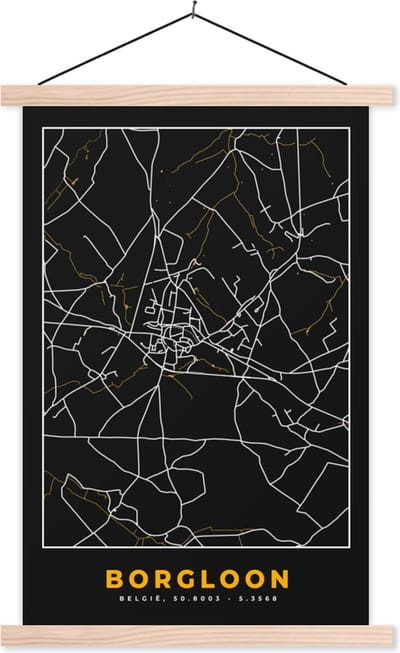 Posterhanger incl. Poster 40x60 cm - Schoolplaat - Goud - Borgloon - Stadskaart - Plattegrond - Kaart - Textielposter - Blanke latten - Stadskaart