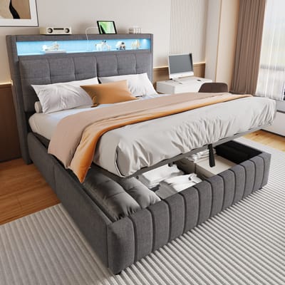 STILVORA Gestoffeerd Bed 160x200 cm - LED en USB-oplaadpunt - Hydraulische Opbergruimte Onder Bed - Volwassenen Slaapkamer - Linnen Chevron - Grijs - Zonder matras