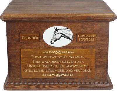 Persoonlijke urn voor American Quarter Horse as met foto en grote box