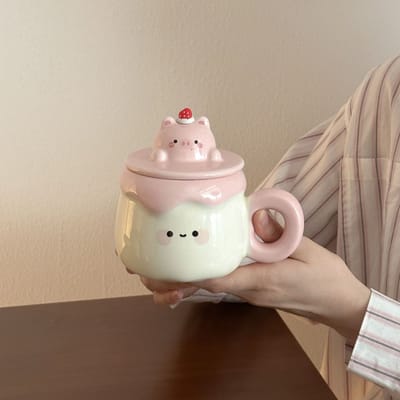 Cadeau Marque en Céramique avec Couvercle Cuillère Mignonne Tasse à Pudding Souvenir Pratique pour Filles Meilleures Amies et Sœurs Significatif 301-400ml