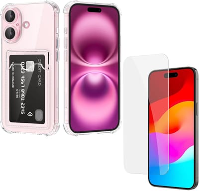 Schokbestendig TPU Hoes Kaarthouder + Screenprotector Geschikt voor: iPhone 16 - Transparant - Hoesje met Achterkant Pasjeshouder